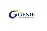 The Genie Canvas logo is displayed on a solid white background. The logo features a stylized dark blue 'G' with a golden-yellow paintbrush tip, followed by the words 'GENIE CANVAS' in dark blue text.
