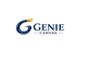 The Genie Canvas logo is displayed on a solid white background. The logo features a stylized dark blue 'G' with a golden-yellow paintbrush tip, followed by the words 'GENIE CANVAS' in dark blue text.