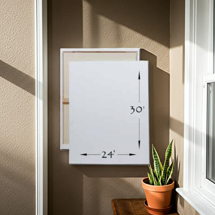 White frame with measurements on a wall next to a potted plant