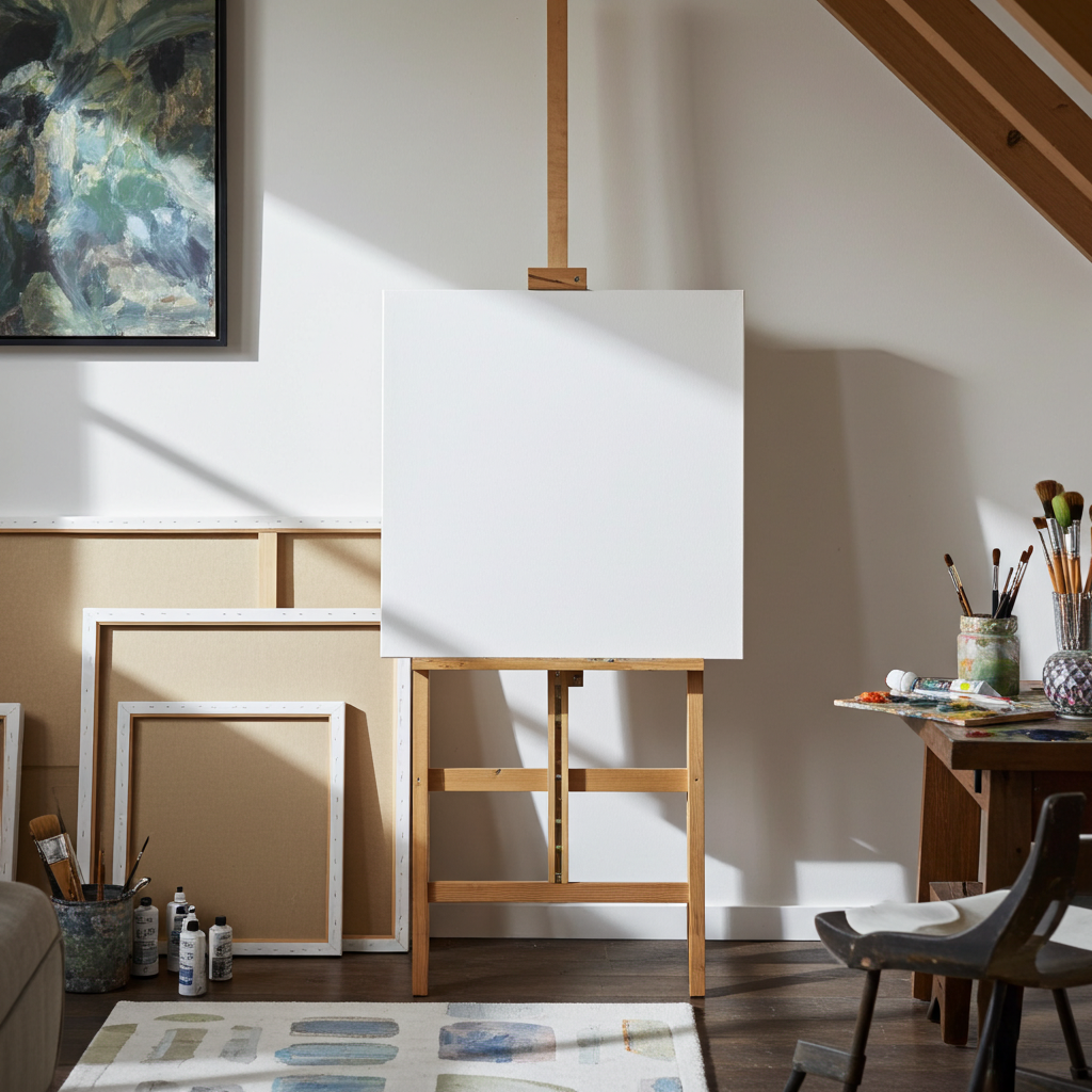 Art studio with a wooden easel holding a blank white canvas, surrounded by art supplies.