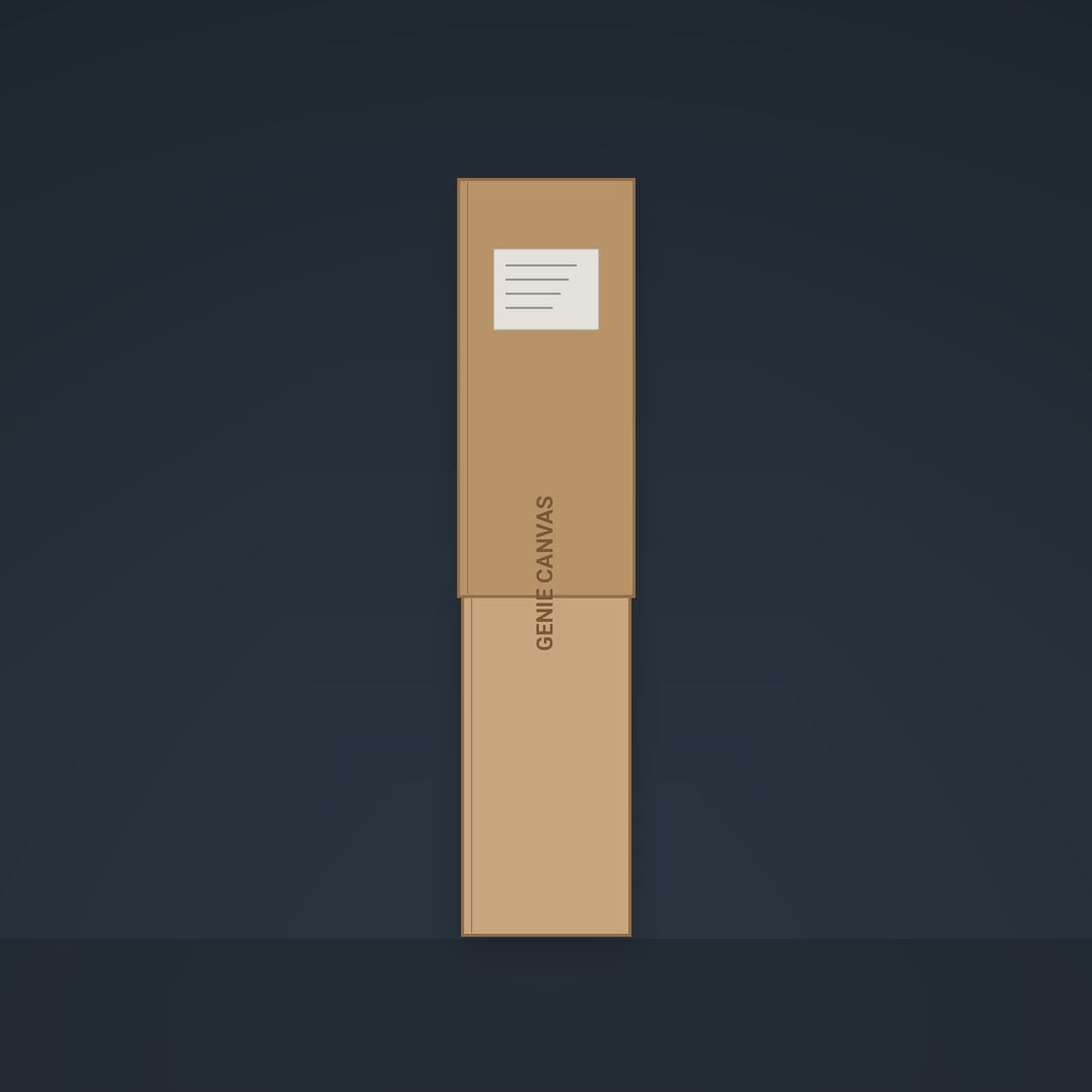 Animation: a Genie Canvas ships in a slim 6-inch box, then unrolls into a large painting